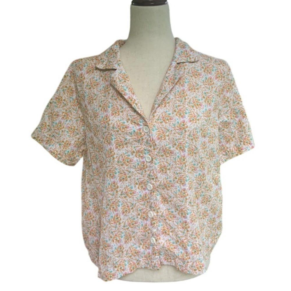 Cottagecore Floral Button Front Camp Shirt M Boho Botanical Coastal Grandma